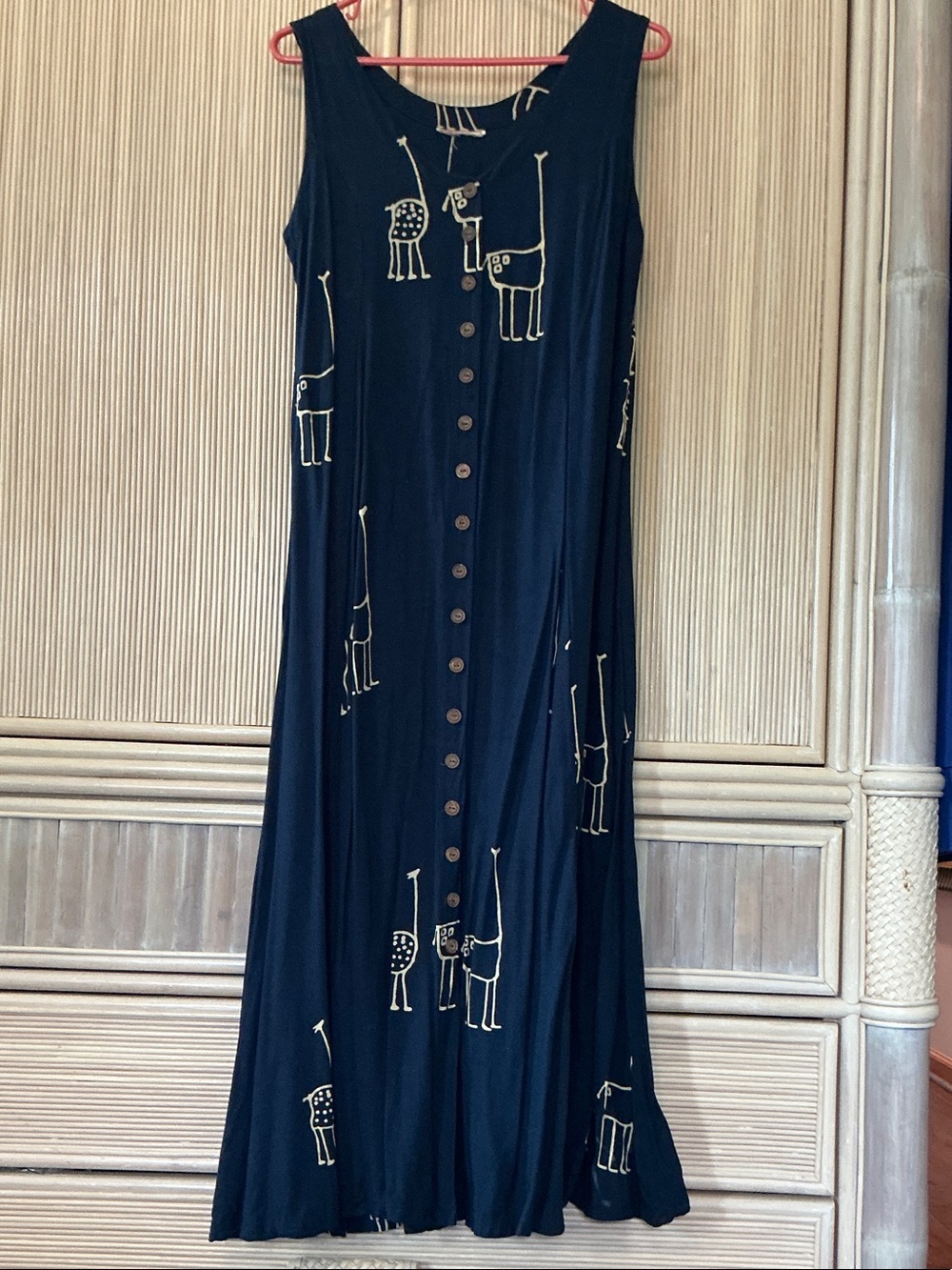 Sleeveless Navy Button-Front Maxi Dress with Cream Animal Print